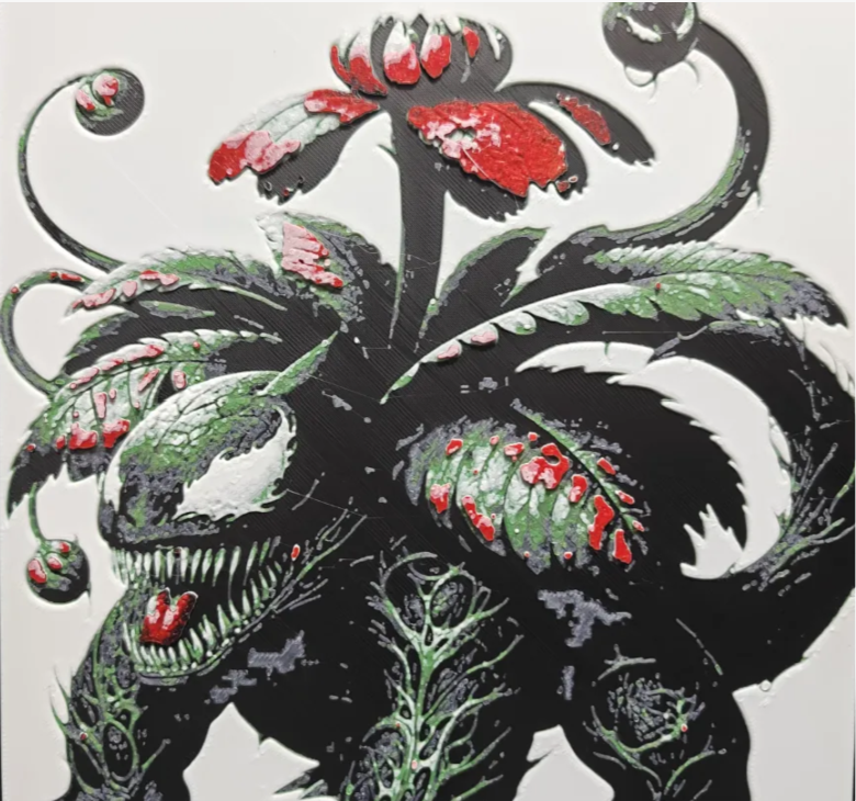Carnivorous flower monster framed layered 3D art with red and green accents