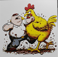 Framed 3D layered art piece featuring a hilarious illustration of a heavy-set cartoon man in a white shirt fighting a giant yellow rooster character in a dynamic action scene.