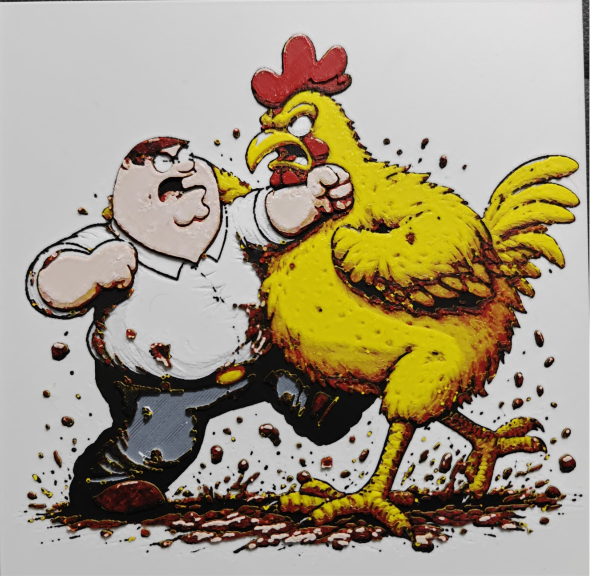 Framed 3D layered art piece featuring a hilarious illustration of a heavy-set cartoon man in a white shirt fighting a giant yellow rooster character in a dynamic action scene.