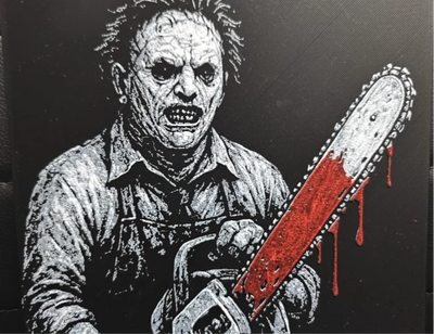 Chainsaw horror framed layered 3D art with red chainsaw accent detail