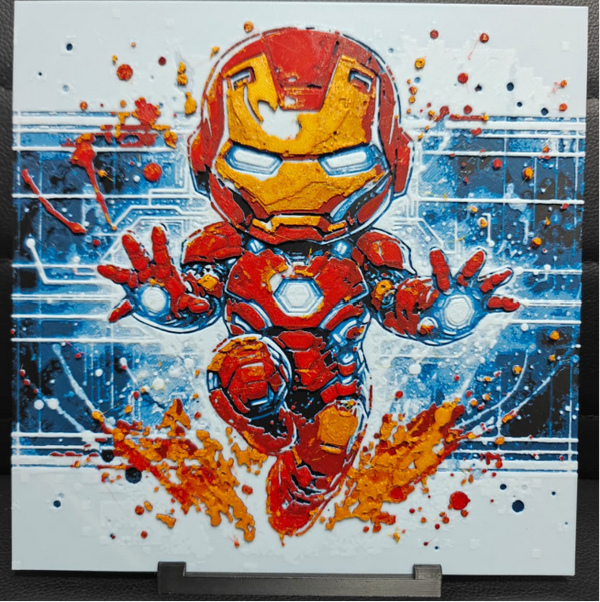 Framed 3D layered art piece featuring a dynamic cartoon illustration of a cute chibi-style armored superhero flying upwards with bright orange fire blasts against a colorful background.