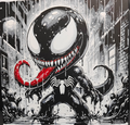 Framed 3D layered art piece featuring a detailed chibi-style illustration of a black alien symbiote monster character with large white eyes, sharp teeth, and a long red tongue, set against a rainy black and white cityscape background.