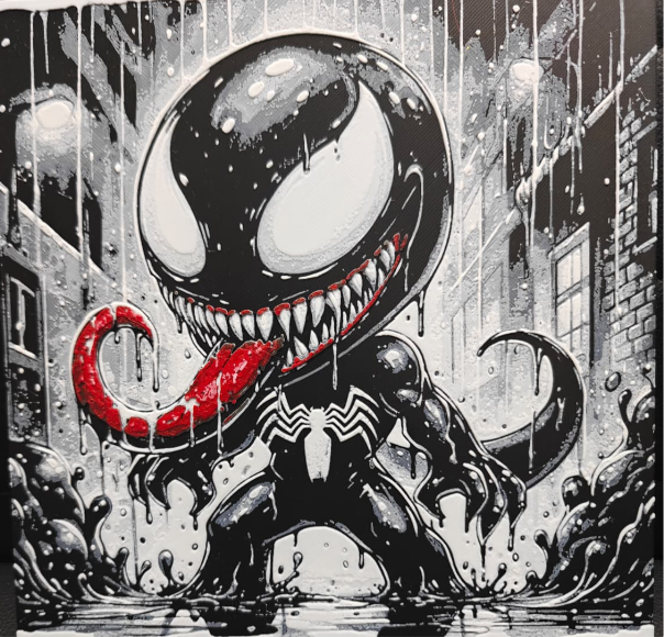 Framed 3D layered art piece featuring a detailed chibi-style illustration of a black alien symbiote monster character with large white eyes, sharp teeth, and a long red tongue, set against a rainy black and white cityscape background.