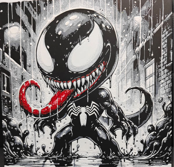 Framed 3D layered art piece featuring a detailed chibi-style illustration of a black alien symbiote monster character with large white eyes, sharp teeth, and a long red tongue, set against a rainy black and white cityscape background.