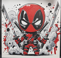 Framed 3D layered art piece featuring a dynamic chibi-style illustration of a masked red and black antihero character holding two swords, surrounded by expressive smoke and splash background accents.