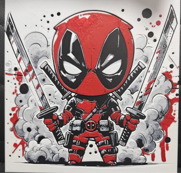 Framed 3D layered art piece featuring a dynamic chibi-style illustration of a masked red and black antihero character holding two swords, surrounded by expressive smoke and splash background accents.