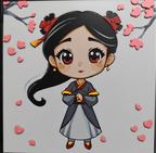Framed 3D layered art piece featuring a charming chibi-style illustration of a girl with black hair and red ribbons wearing a traditional dress, surrounded by pink cherry blossom branches and falling petals.