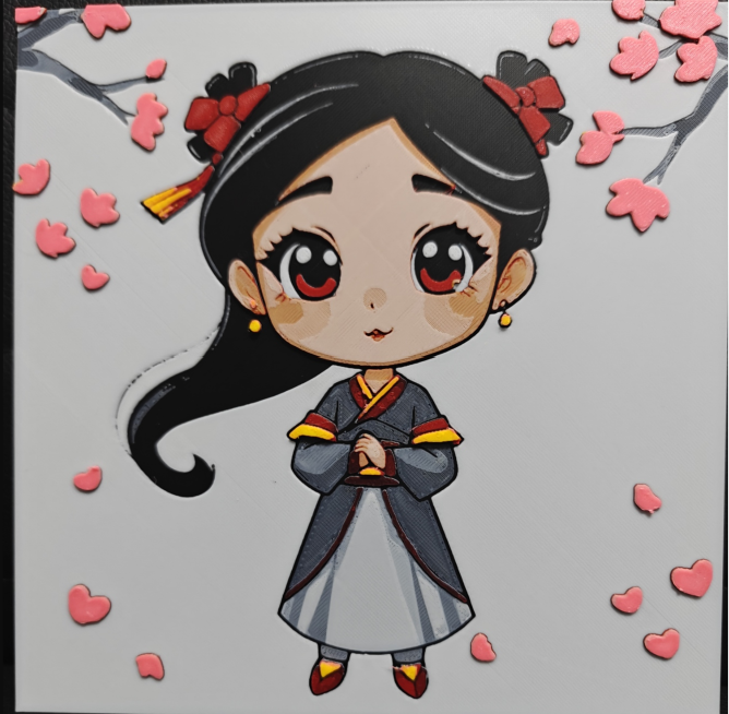 Framed 3D layered art piece featuring a charming chibi-style illustration of a girl with black hair and red ribbons wearing a traditional dress, surrounded by pink cherry blossom branches and falling petals.