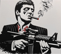 Framed 3D layered art piece featuring a stylized grayscale illustration from image_084b59.png of a classic movie gangster smoking a cigar and holding an assault rifle, accented with red details on a light background.