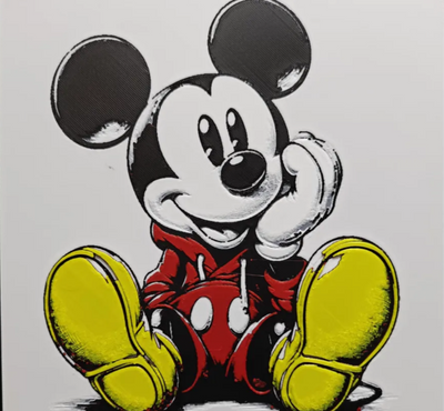 Framed 3D layered art piece featuring a stylized classic cartoon mouse sitting down with his hand on his chin, wearing his iconic red shorts and yellow shoes on a light background.
