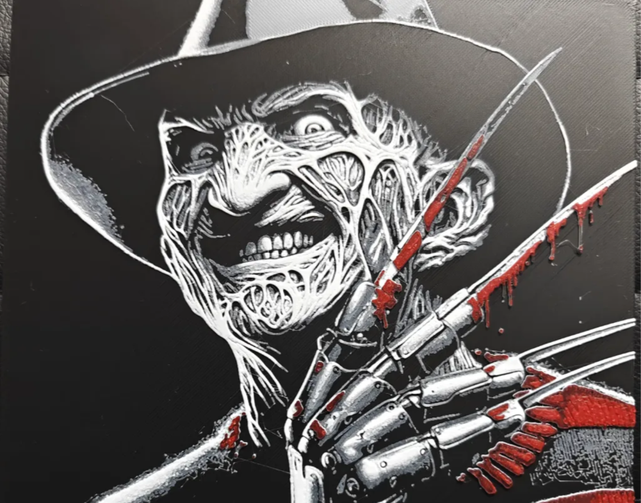 Claw glove horror framed layered 3D art with red blade accents and dark hat detail
