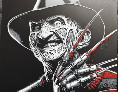 Claw glove horror framed layered 3D art with red blade accents and dark hat detail