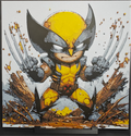 Framed 3D layered art piece featuring an intense chibi illustration of a fierce comic book mutant hero wearing a classic yellow and dark grey suit with a pointed mask, aggressively posing with three metal claws extended from each fist amidst rocky ground and debris against a light background.