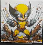Framed 3D layered art piece featuring an intense chibi illustration of a fierce comic book mutant hero wearing a classic yellow and dark grey suit with a pointed mask, aggressively posing with three metal claws extended from each fist amidst rocky ground and debris against a light background.