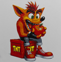 Framed 3D layered art piece from image_8f761d.png featuring a vibrant illustration of a wide-eyed, crazy-looking orange bandicoot character wearing blue jeans and red sneakers, holding a tropical fruit while standing next to a wooden TNT crate.
