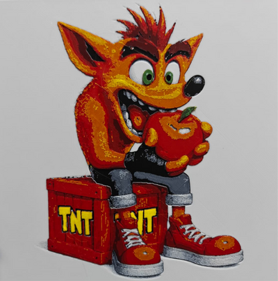 Framed 3D layered art piece from image_8f761d.png featuring a vibrant illustration of a wide-eyed, crazy-looking orange bandicoot character wearing blue jeans and red sneakers, holding a tropical fruit while standing next to a wooden TNT crate.
