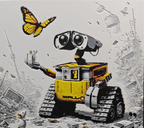 Framed 3D layered art piece from image_905303.png featuring a charming illustration of a boxy, curious scrap robot with expressive binocular eyes and a yellow chassis, looking up at a vibrant yellow and black butterfly fluttering above its outstretched hand in a detailed grayscale scrap landscape.