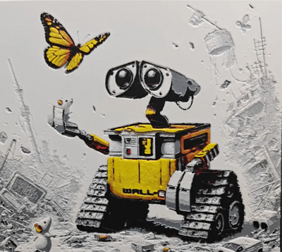 Framed 3D layered art piece from image_905303.png featuring a charming illustration of a boxy, curious scrap robot with expressive binocular eyes and a yellow chassis, looking up at a vibrant yellow and black butterfly fluttering above its outstretched hand in a detailed grayscale scrap landscape.