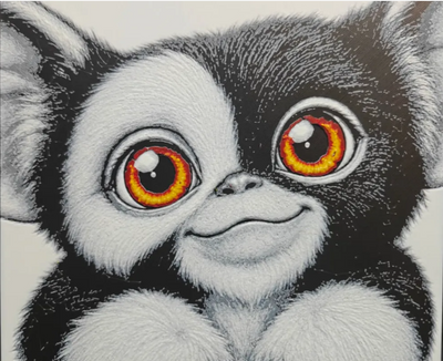 Framed 3D layered art piece featuring a detailed portrait of a cute, fluffy mogwai creature with oversized ears, white and brown fur, and big expressive amber eyes smiling forward against a light background.