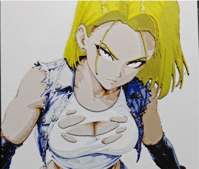 Framed 3D layered art piece from image_8d217d.png featuring a detailed portrait of a cool female anime cyborg warrior character with short yellow-blonde hair and a confident gaze, wearing a white and blue vest over a dark top against a light background.
