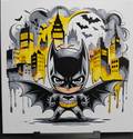 Framed 3D layered art piece featuring a cute chibi illustration of a dark comic book vigilante wearing a black and grey bat suit with a yellow belt and wide spread bat wings, standing fiercely in front of a stylized yellow cityscape with grey clouds, flying bats, and a full moon.
