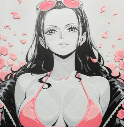 Framed 3D layered art piece featuring a stylized portrait of a dark-haired anime woman with sunglasses on her forehead, wearing a red top against a dark background with floating pink petals.