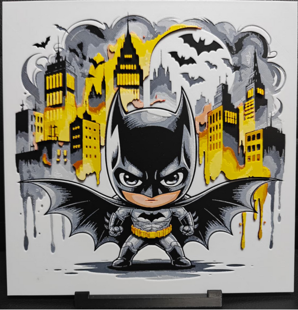 Framed 3D layered art piece featuring a stylized, mechanical-inspired illustration of a classic bat-themed dark superhero standing confidently against a stark, high-contrast yellow background.