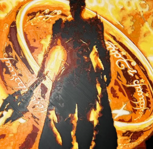 Framed 3D layered art piece featuring a dramatic silhouette of a dark armored fantasy lord holding a large weapon, standing in front of a massive glowing golden ring inscribed with elegant mystical script. The background features an intense, explosive atmosphere of fiery orange lava, flames, and flying embers inside a black square frame.