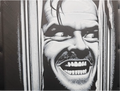 Doorway grin horror framed layered 3D art with intense black and white contrast