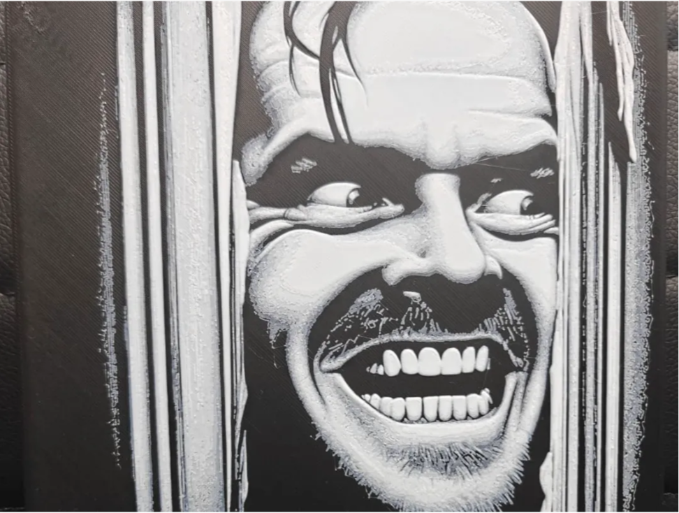 Doorway grin horror framed layered 3D art with intense black and white contrast