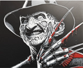 Framed 3D layered art piece from image_904fd8.png featuring a detailed grayscale portrait of a burned horror slasher villain wearing a fedora hat, grinning maliciously while raising his iconic razor-blade claw glove covered in a pop of vivid red blood splatters.