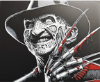 Framed 3D layered art piece from image_904fd8.png featuring a detailed grayscale portrait of a burned horror slasher villain wearing a fedora hat, grinning maliciously while raising his iconic razor-blade claw glove covered in a pop of vivid red blood splatters.