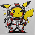 Framed 3D layered art piece from image_9b4f46.png featuring an adorable illustration of a cute yellow electric mouse character dressed in a detailed white and red astronaut space suit with a helmet, surrounded by small floating gold stars against a light gray background.