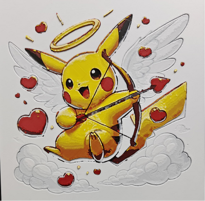 Framed 3D layered art piece from image_9b56ec.png featuring an adorable illustration of a cute yellow electric mouse character styled as Cupid, complete with a gold halo, white angel wings, and a wooden bow with a red heart-tipped arrow, floating on a soft white cloud surrounded by red hearts against a gray background.
