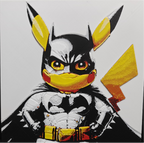 Framed 3D layered art piece featuring a fierce illustration of a cute yellow electric mouse character dressed as a caped comic book vigilante, complete with a black cowl mask with pointed ears, a muscular gray armor suit with a chest emblem, a flowing black cape, and a prominent yellow utility belt against a light background.