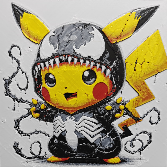 Framed 3D layered art piece featuring a gritty crossover illustration of a yellow electric mouse character wearing a black alien symbiote suit, featuring a hood with large white blank eyes and an open jaw with sharp jagged teeth framing the character's face, a white spider emblem on the chest, and black gooey tendrils splashing around against a white background.