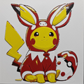 Framed 3D layered art piece from image_9b56c9.png featuring an adorable illustration of a cute yellow electric mouse character wearing a red and white holiday delivery bird costume, sitting next to a red-spotted monster egg with a central ball design against a light gray background.