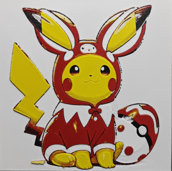 Framed 3D layered art piece from image_9b56c9.png featuring an adorable illustration of a cute yellow electric mouse character wearing a red and white holiday delivery bird costume, sitting next to a red-spotted monster egg with a central ball design against a light gray background.