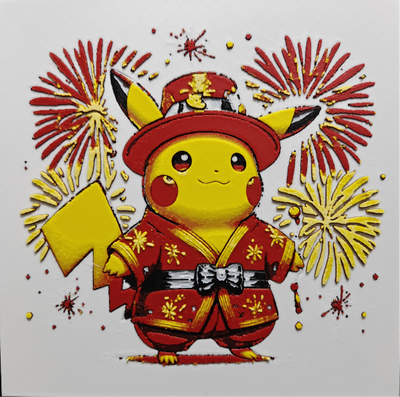 Framed 3D layered art piece from image_9b566c.png featuring an adorable illustration of a cute yellow electric mouse character dressed in a traditional red and gold festival robe and matching hat, surrounded by vibrant red and yellow firework bursts against a light background.