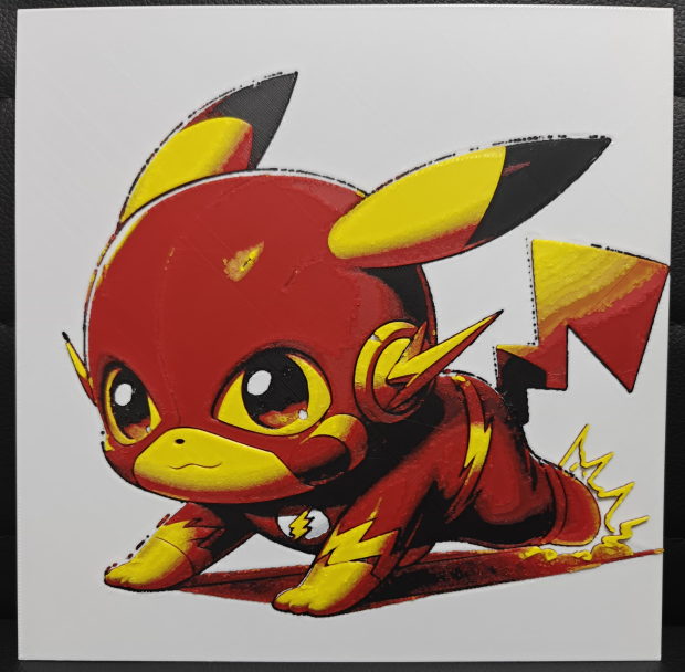 Framed 3D layered art piece featuring an adorable illustration of a yellow electric mouse character wearing a red superhero speedster suit with yellow lightning bolt accents in a running pose.
