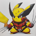 Framed 3D layered art piece from image_9b5691.png featuring an adorable yet fierce illustration of a cute yellow electric mouse character dressed as a clawed comic superhero in a crimson and yellow tactical suit with a black winged mask, an X belt buckle, and long metallic claws extended from its hands against a gray background.