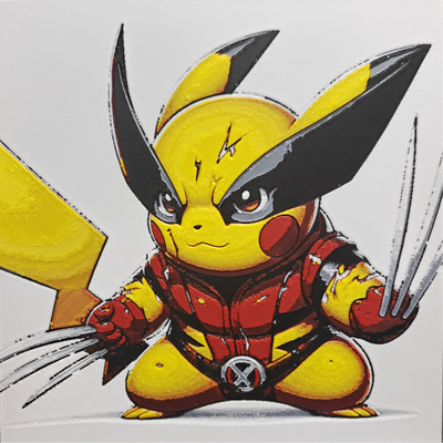 Framed 3D layered art piece from image_9b5691.png featuring an adorable yet fierce illustration of a cute yellow electric mouse character dressed as a clawed comic superhero in a crimson and yellow tactical suit with a black winged mask, an X belt buckle, and long metallic claws extended from its hands against a gray background.