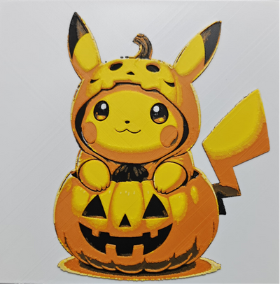 Framed 3D layered art piece from image_9b4eaf.png featuring an adorable illustration of a cute yellow electric mouse character wearing a pumpkin-themed hoodie costume and popping out of a carved orange Jack-o'-lantern against a light gray background.