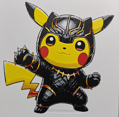 Framed 3D layered art piece from image_9b5346.png featuring an adorable illustration of a cute yellow electric mouse character dressed in a detailed red and black tactical mercenary costume, complete with a brown utility belt and a katana handle reaching over its shoulder against a gray background.