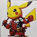Framed 3D layered art piece from image_9b5346.png featuring an adorable illustration of a cute yellow electric mouse character dressed in a detailed red and black tactical mercenary costume, complete with a brown utility belt and a katana handle reaching over its shoulder against a gray background.