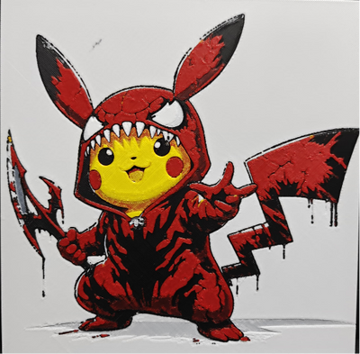 Framed 3D layered art piece featuring a fierce illustration of a cute yellow electric mouse character wearing a red and black monster suit with sharp teeth and claw details.