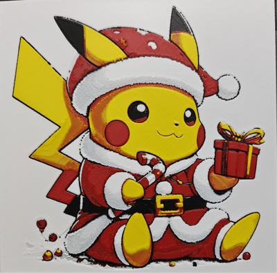 Framed 3D layered art piece from image_9b528a.png featuring an adorable illustration of a cute yellow electric mouse character dressed in a festive red and white Santa Claus costume, holding a wrapped red gift box and a candy cane against a light background.