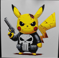 Framed 3D layered art piece featuring a gritty illustration of a yellow electric mouse character dressed as a dark comic book vigilante, wearing a black shirt with a large white skull emblem and holding a silver handgun, complete with a stern, battle-damaged expression against a gray background.