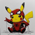 Framed 3D layered art piece featuring a cute illustration of a yellow electric mouse character wearing a red and black spider hero costume, sitting on a spider web and shooting web strings.