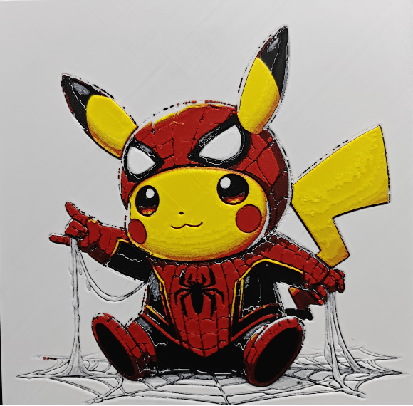 Framed 3D layered art piece featuring a cute illustration of a yellow electric mouse character wearing a red and black spider hero costume, sitting on a spider web and shooting web strings.